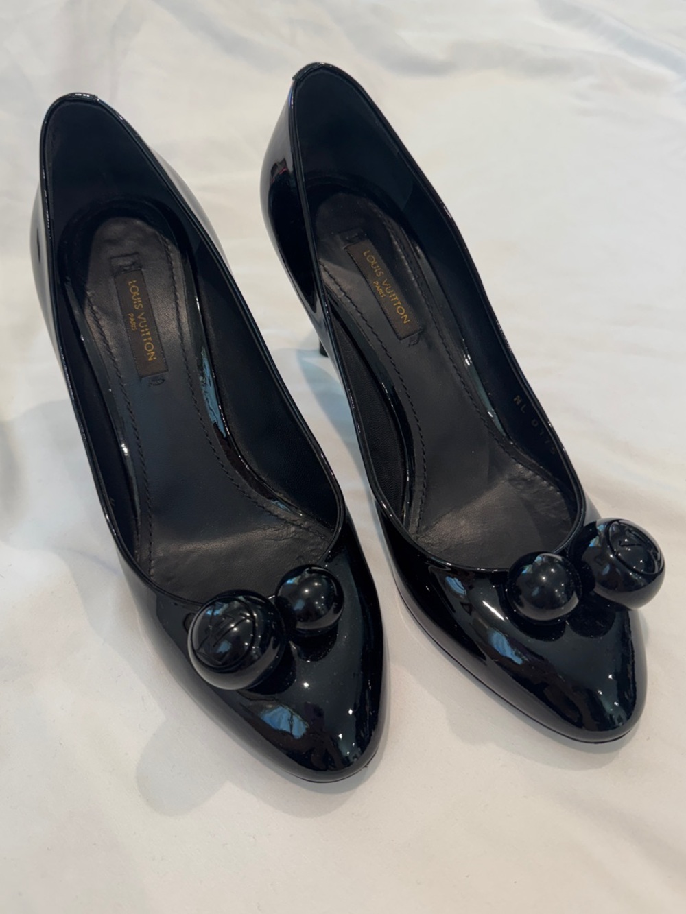 Louis Vuitton Black Patent Leather Pointed Toe Pumps with Decorative Spheres
